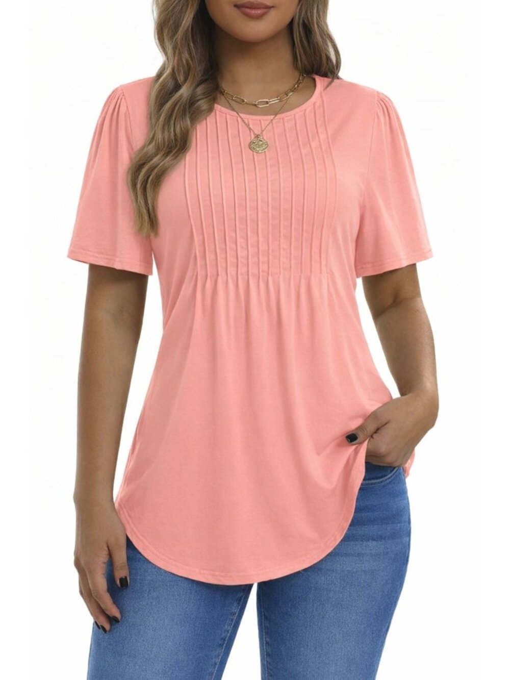 Peach Pintuck Blouse Womens Size L Short Sleeve Flowy Casual Top